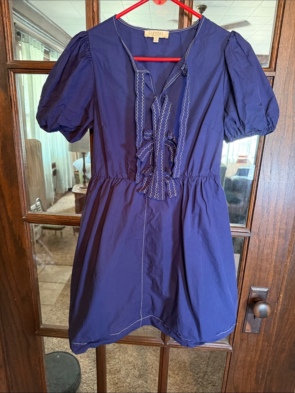 Farmers Market Navy Cotton Puff Sleeve Ric-Rac Bow Mini Dress Cottagecore Small